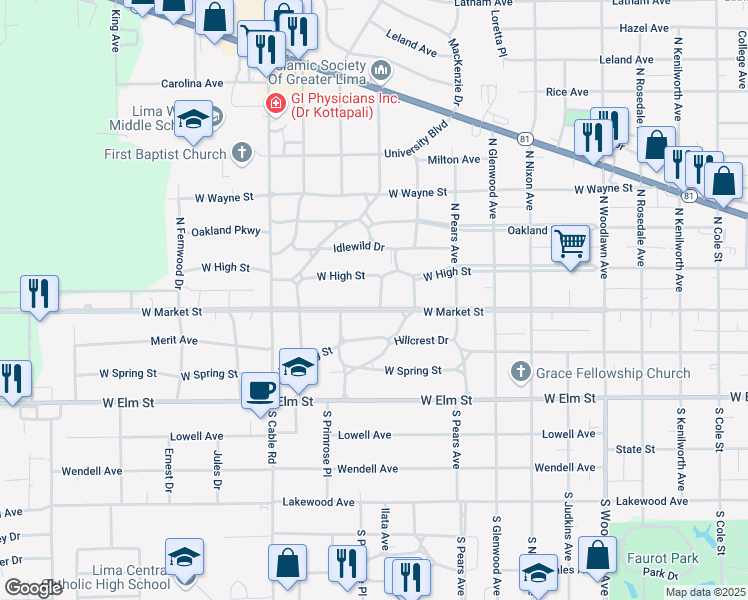 map of restaurants, bars, coffee shops, grocery stores, and more near 1918 West Market Street in Lima