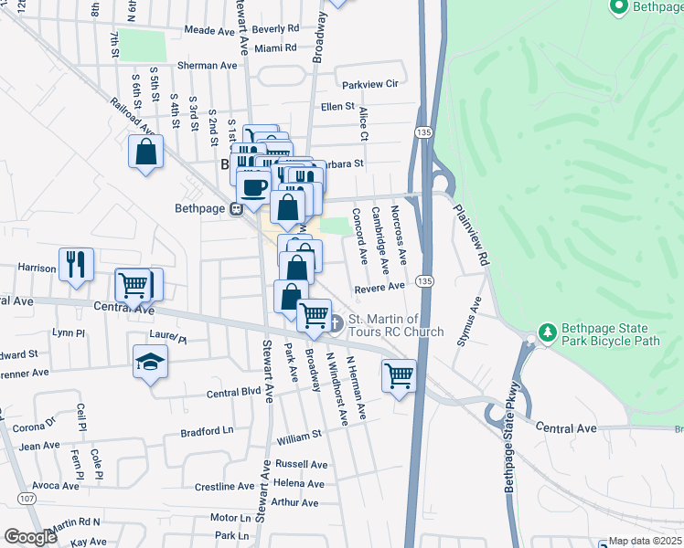 map of restaurants, bars, coffee shops, grocery stores, and more near 28 Lexington Avenue in Bethpage