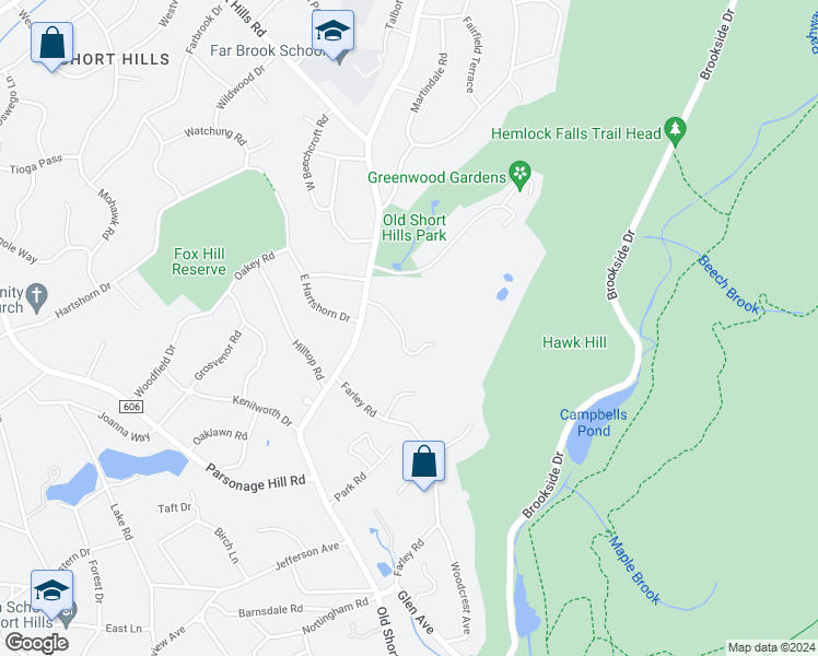 map of restaurants, bars, coffee shops, grocery stores, and more near 90 Old Hollow Road in Millburn