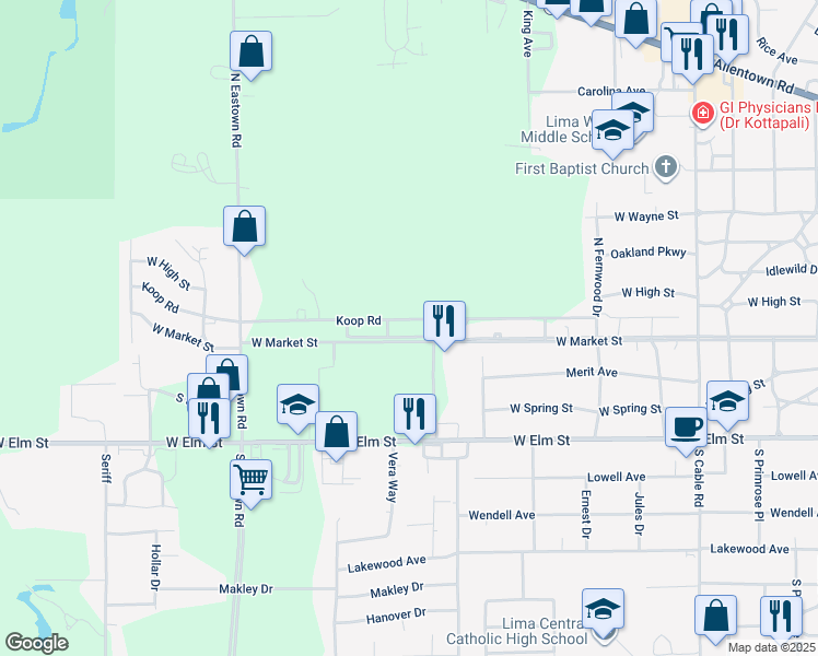 map of restaurants, bars, coffee shops, grocery stores, and more near 2650 West Market Street in Lima