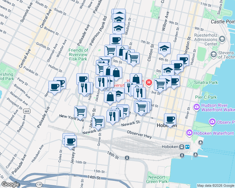 map of restaurants, bars, coffee shops, grocery stores, and more near 509 2nd Street in Hoboken
