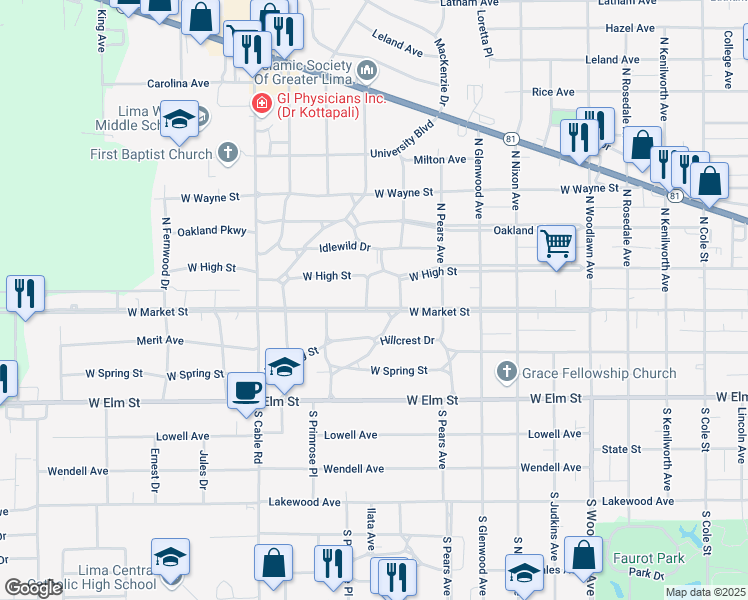 map of restaurants, bars, coffee shops, grocery stores, and more near 1918 West Market Street in Lima