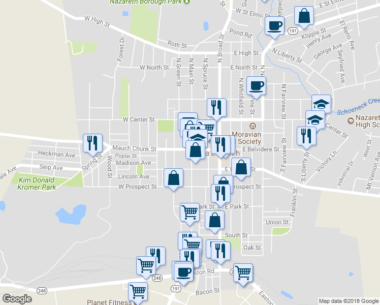 map of restaurants, bars, coffee shops, grocery stores, and more near 106 South Main Street in Nazareth