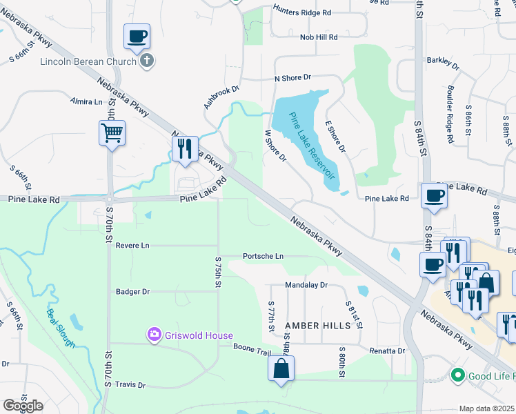 map of restaurants, bars, coffee shops, grocery stores, and more near 7679 Nebraska Parkway in Lincoln