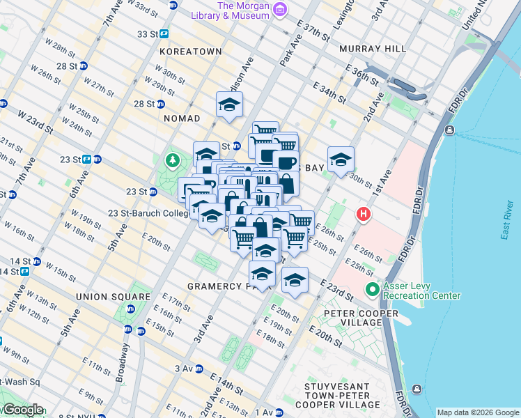 map of restaurants, bars, coffee shops, grocery stores, and more near 323 3rd Avenue in New York