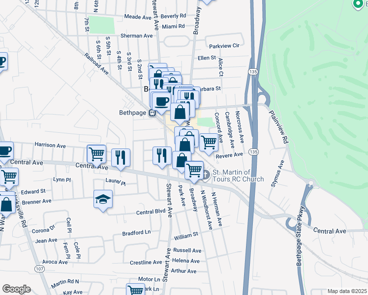 map of restaurants, bars, coffee shops, grocery stores, and more near 16 Baldwin Place in Bethpage
