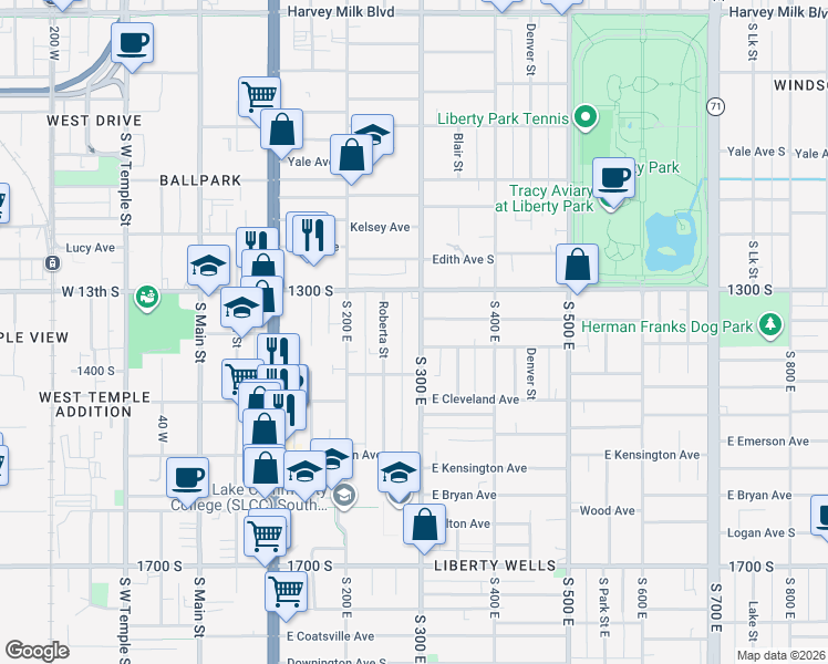 map of restaurants, bars, coffee shops, grocery stores, and more near 1361 Roberta Street in South Salt Lake