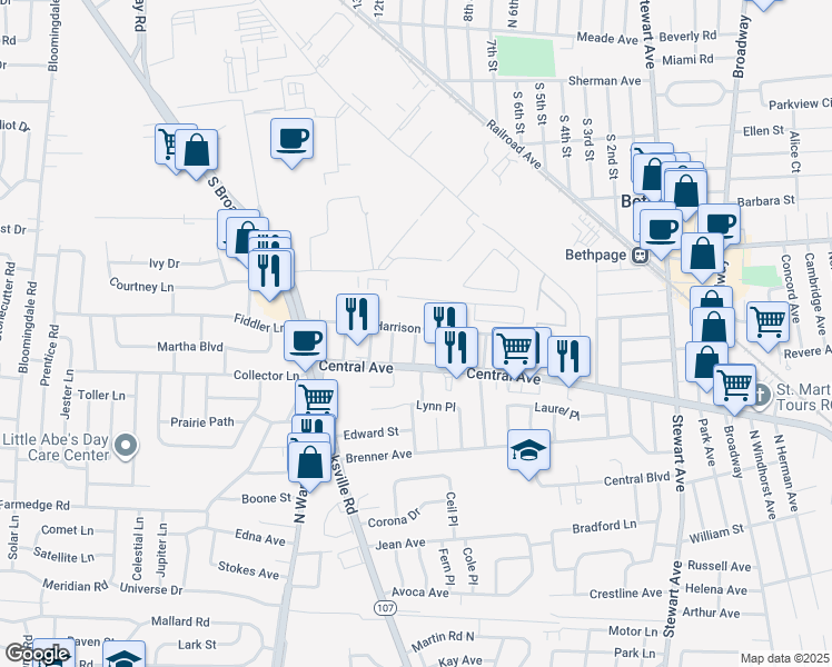 map of restaurants, bars, coffee shops, grocery stores, and more near 11 South Butehorn Street in Bethpage