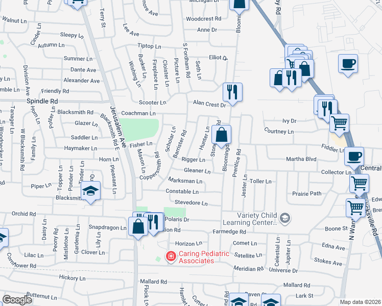 map of restaurants, bars, coffee shops, grocery stores, and more near 21 Rigger Lane in Levittown