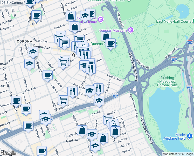 map of restaurants, bars, coffee shops, grocery stores, and more near in Queens