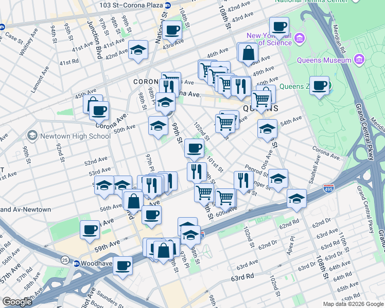 map of restaurants, bars, coffee shops, grocery stores, and more near 54-39 101st Street in Queens