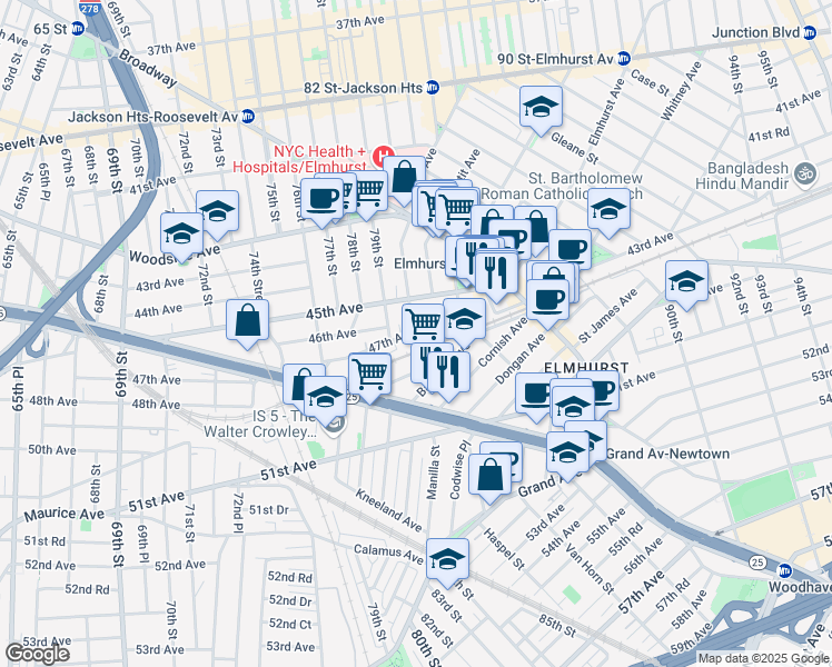 map of restaurants, bars, coffee shops, grocery stores, and more near 4520 Queens Boulevard in Queens