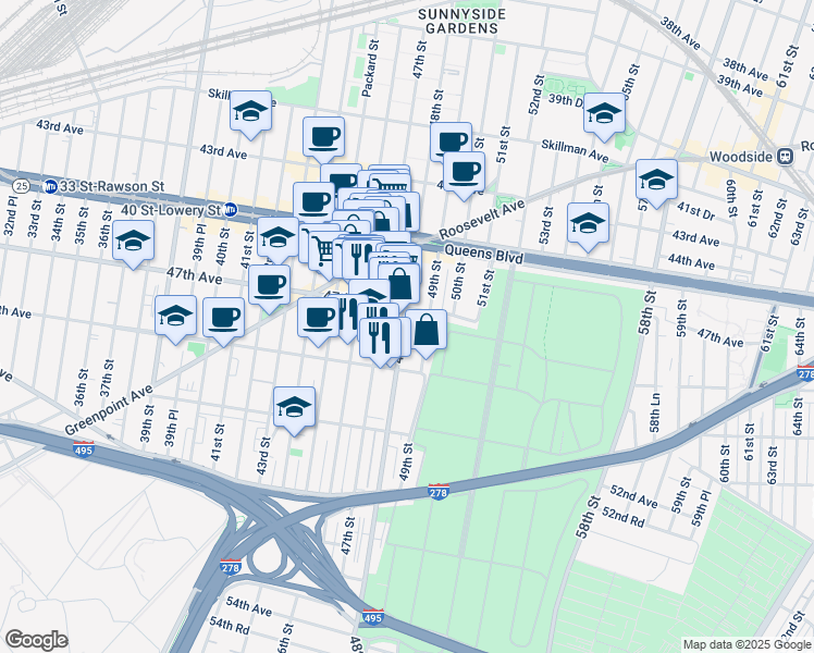 map of restaurants, bars, coffee shops, grocery stores, and more near 47-25 48th Street in Queens