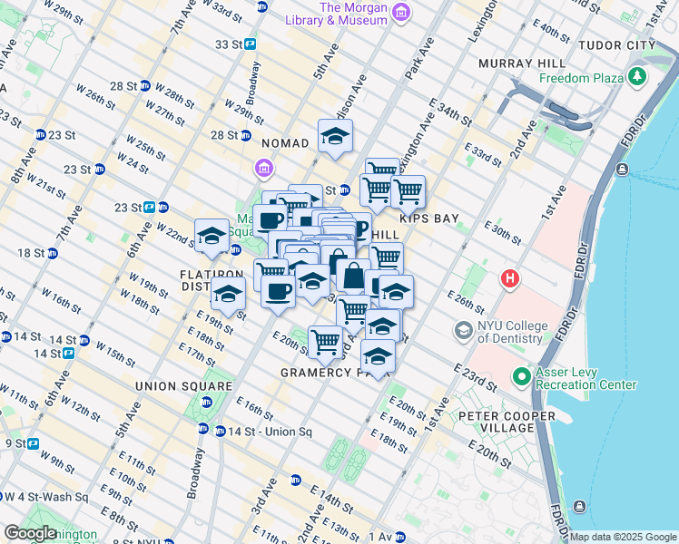 map of restaurants, bars, coffee shops, grocery stores, and more near 55 Lexington Avenue in New York