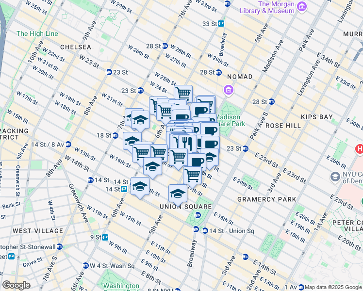 map of restaurants, bars, coffee shops, grocery stores, and more near 20 West 20th Street in New York