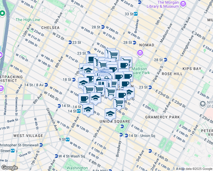 map of restaurants, bars, coffee shops, grocery stores, and more near 636 6th Avenue in New York
