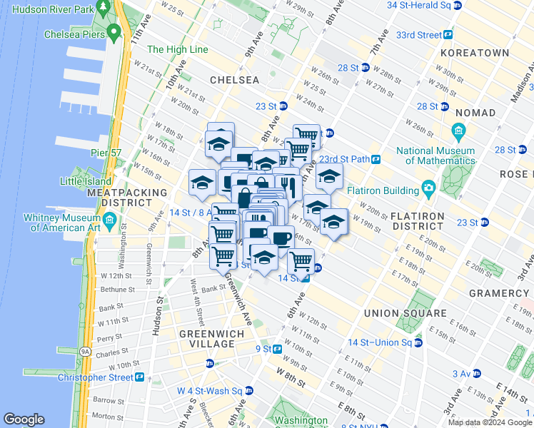 map of restaurants, bars, coffee shops, grocery stores, and more near in New York