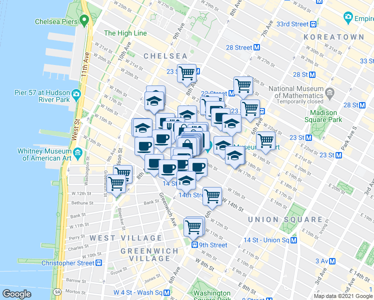 map of restaurants, bars, coffee shops, grocery stores, and more near 210 West 16th Street in New York