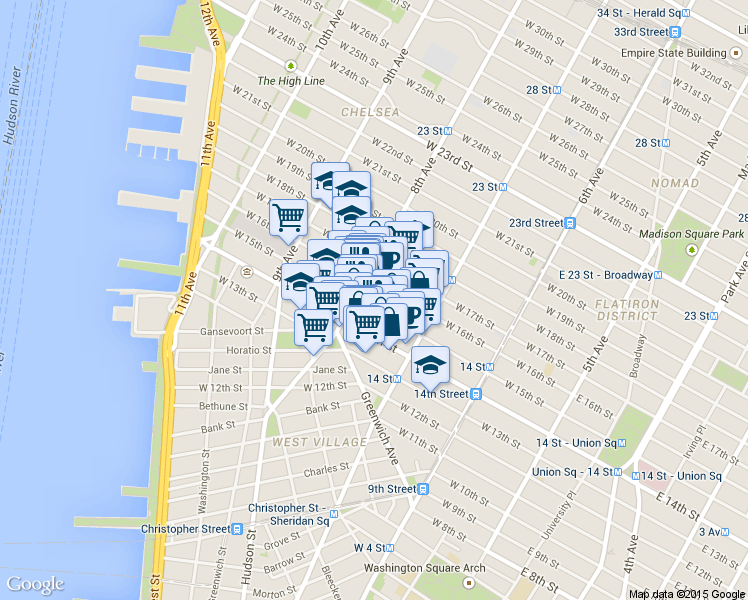 map of restaurants, bars, coffee shops, grocery stores, and more near 228 West 15th Street in New York