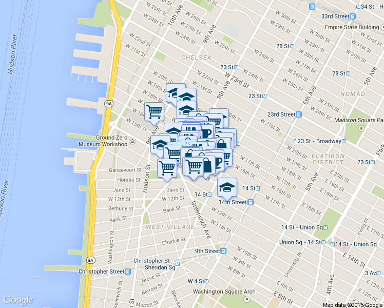 map of restaurants, bars, coffee shops, grocery stores, and more near 228 West 15th Street in New York