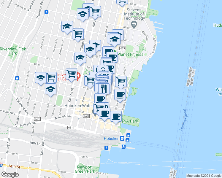 map of restaurants, bars, coffee shops, grocery stores, and more near 56 3rd Street in Hoboken