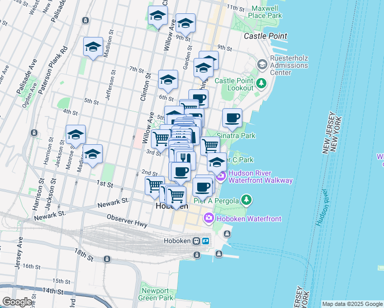 map of restaurants, bars, coffee shops, grocery stores, and more near 56 3rd Street in Hoboken