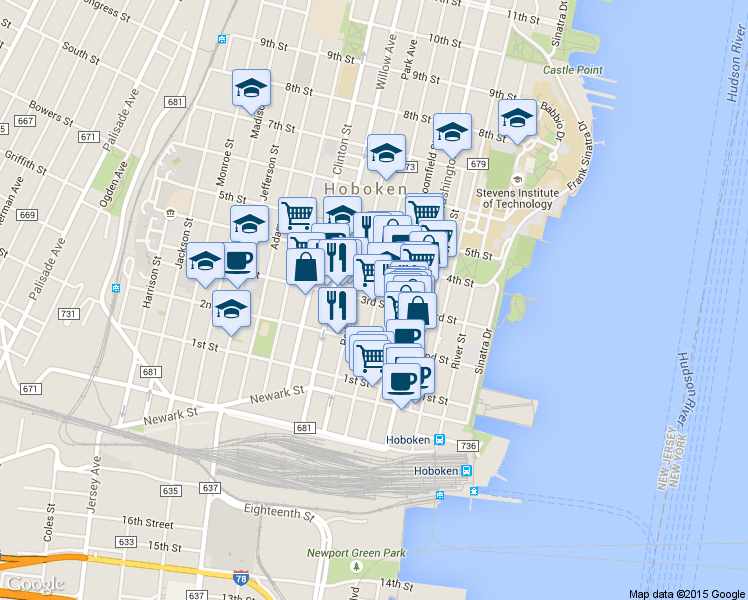 map of restaurants, bars, coffee shops, grocery stores, and more near 223 Park Avenue in Hoboken