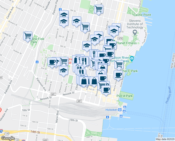 map of restaurants, bars, coffee shops, grocery stores, and more near 309 2nd Street in Hoboken