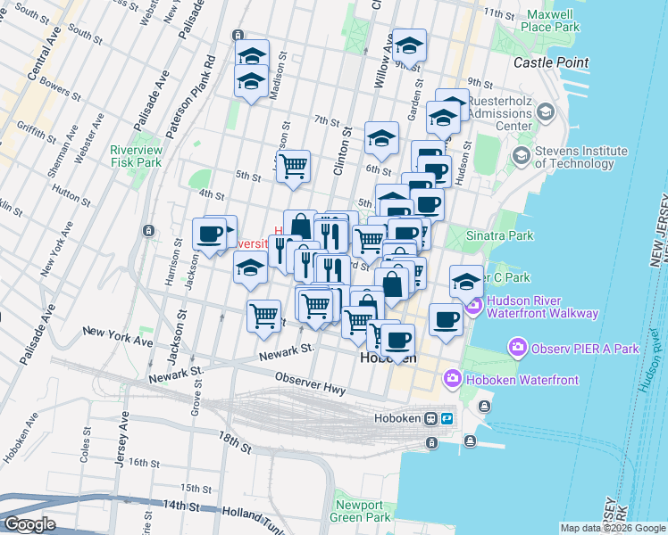 map of restaurants, bars, coffee shops, grocery stores, and more near 309 2nd Street in Hoboken