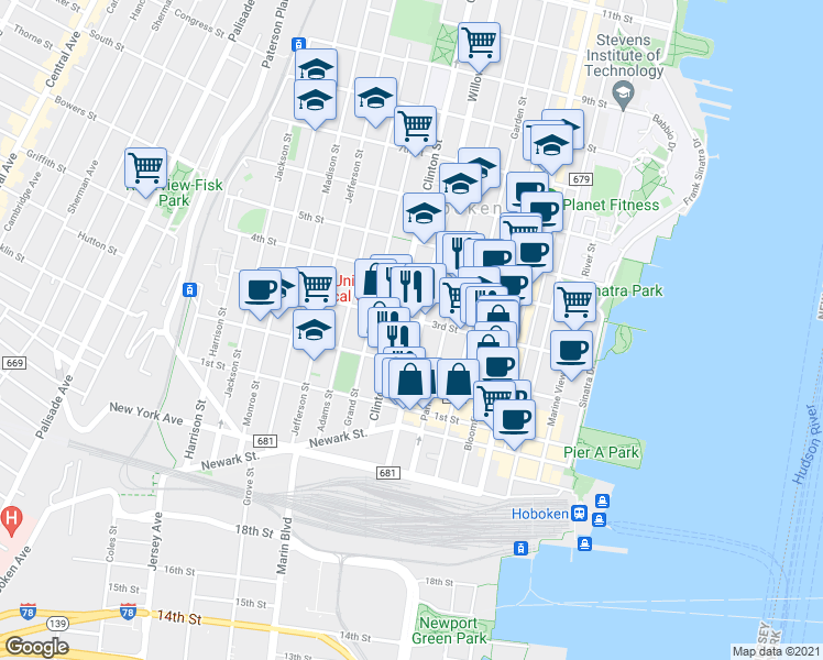 map of restaurants, bars, coffee shops, grocery stores, and more near in Hoboken