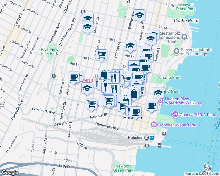 map of restaurants, bars, coffee shops, grocery stores, and more near 309 2nd Street in Hoboken