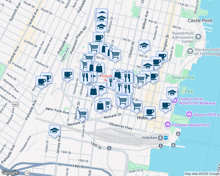 map of restaurants, bars, coffee shops, grocery stores, and more near 450 2nd Street in Hoboken