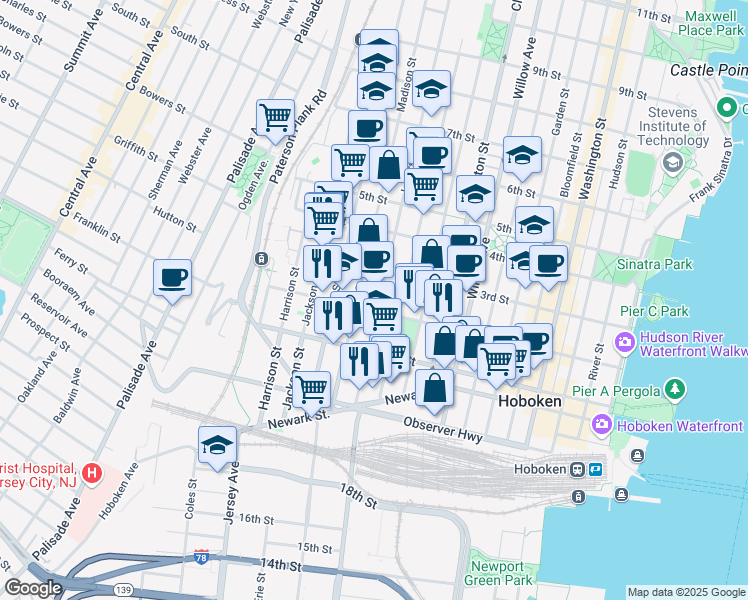 map of restaurants, bars, coffee shops, grocery stores, and more near 509 2nd Street in Hoboken