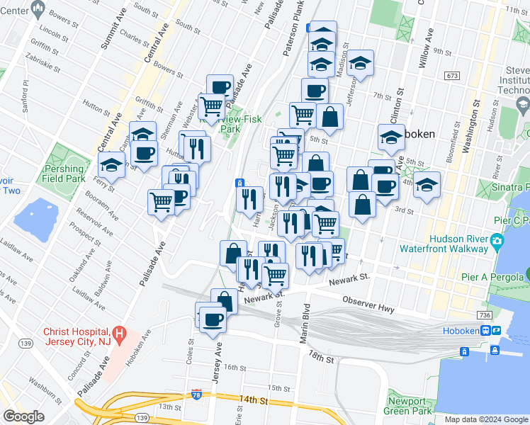 map of restaurants, bars, coffee shops, grocery stores, and more near 116 Jackson Street in Hoboken