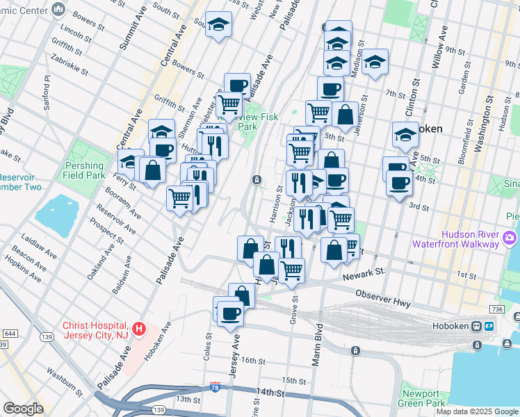 map of restaurants, bars, coffee shops, grocery stores, and more near 102 Marshall Street in Hoboken
