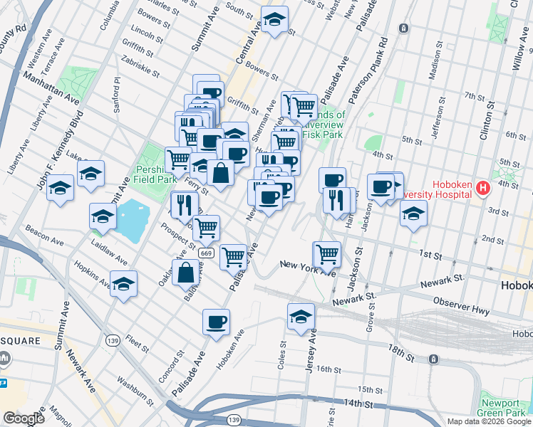 map of restaurants, bars, coffee shops, grocery stores, and more near 325 Palisade Avenue in Jersey City