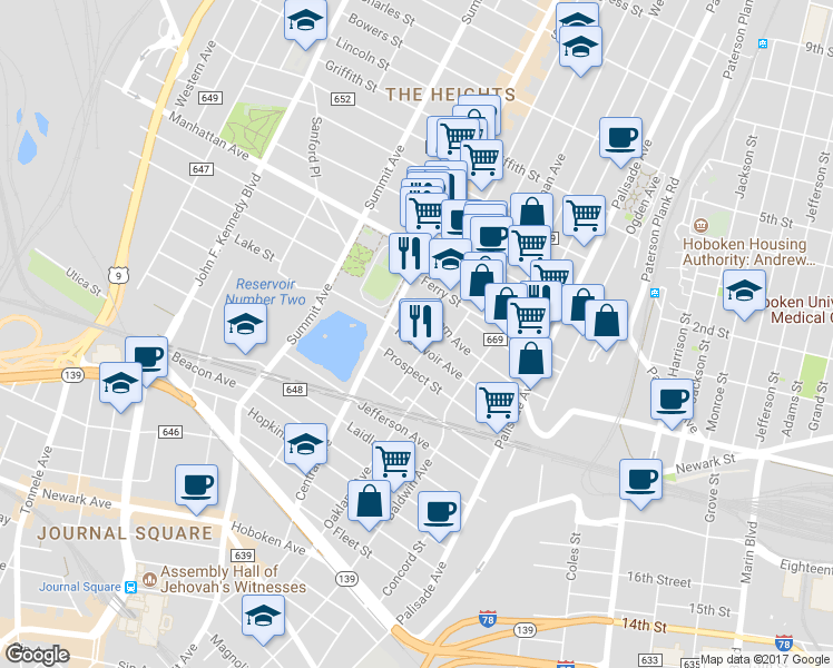 map of restaurants, bars, coffee shops, grocery stores, and more near 91 Reservoir Avenue in Jersey City