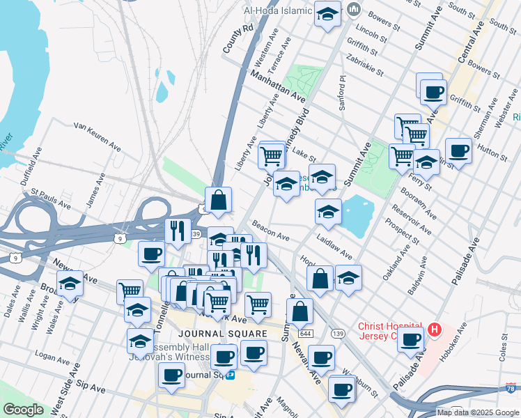 map of restaurants, bars, coffee shops, grocery stores, and more near 3140 John F. Kennedy Boulevard in Jersey City