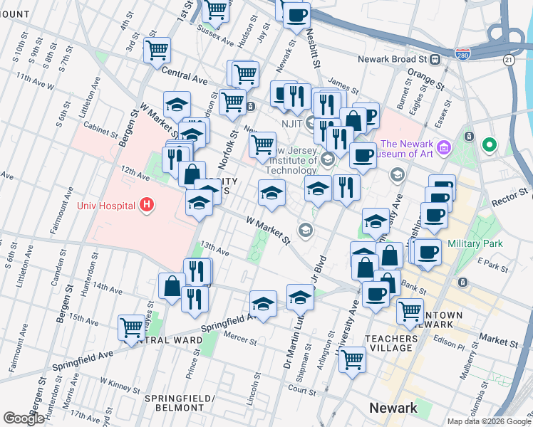 map of restaurants, bars, coffee shops, grocery stores, and more near in Newark