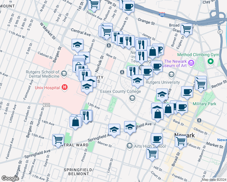 map of restaurants, bars, coffee shops, grocery stores, and more near in Newark