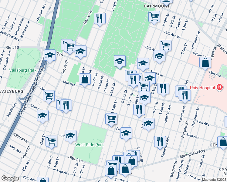 map of restaurants, bars, coffee shops, grocery stores, and more near 284 14th Avenue in Newark