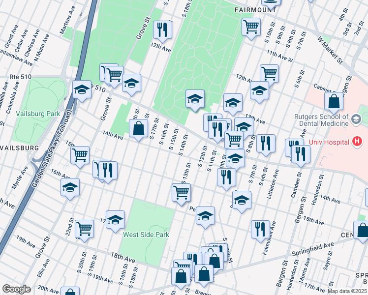 map of restaurants, bars, coffee shops, grocery stores, and more near 284 14th Avenue in Newark