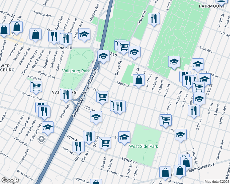 map of restaurants, bars, coffee shops, grocery stores, and more near 495 South 20th Street in Irvington