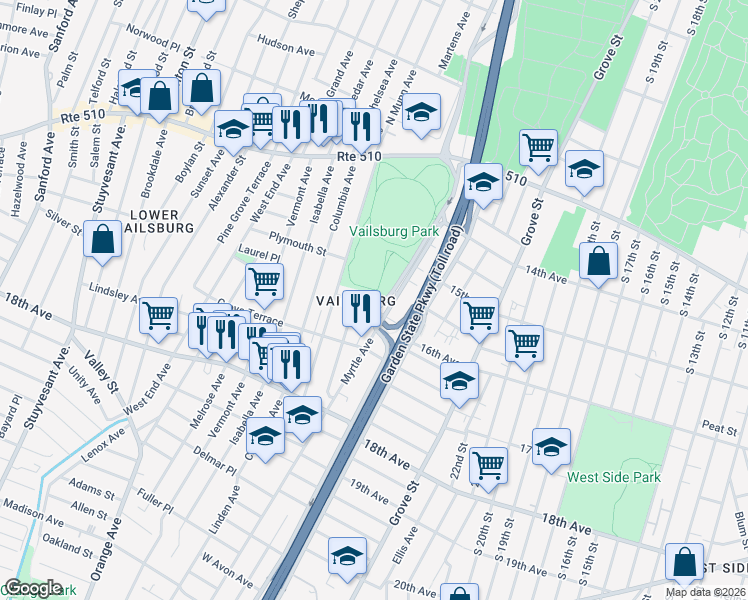 map of restaurants, bars, coffee shops, grocery stores, and more near 30-32 Vailsburg Terrace in Newark