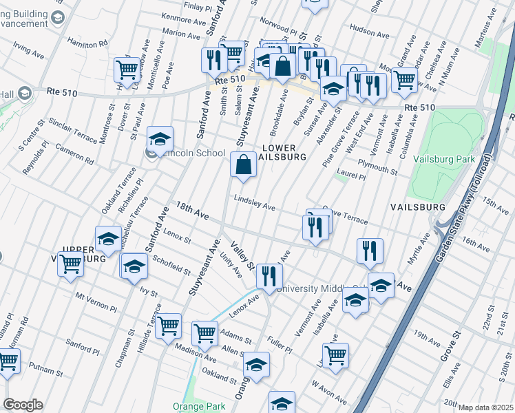 map of restaurants, bars, coffee shops, grocery stores, and more near 180 Brookdale Avenue in Newark