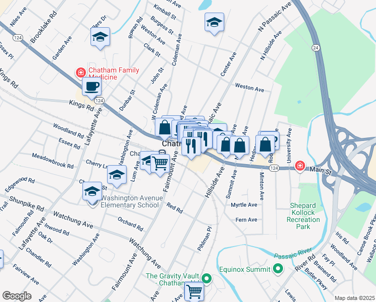 map of restaurants, bars, coffee shops, grocery stores, and more near 11 South Passaic Avenue in Chatham