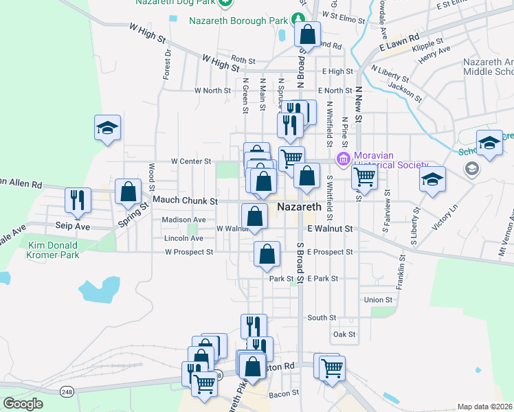 map of restaurants, bars, coffee shops, grocery stores, and more near 122 South Main Street in Nazareth