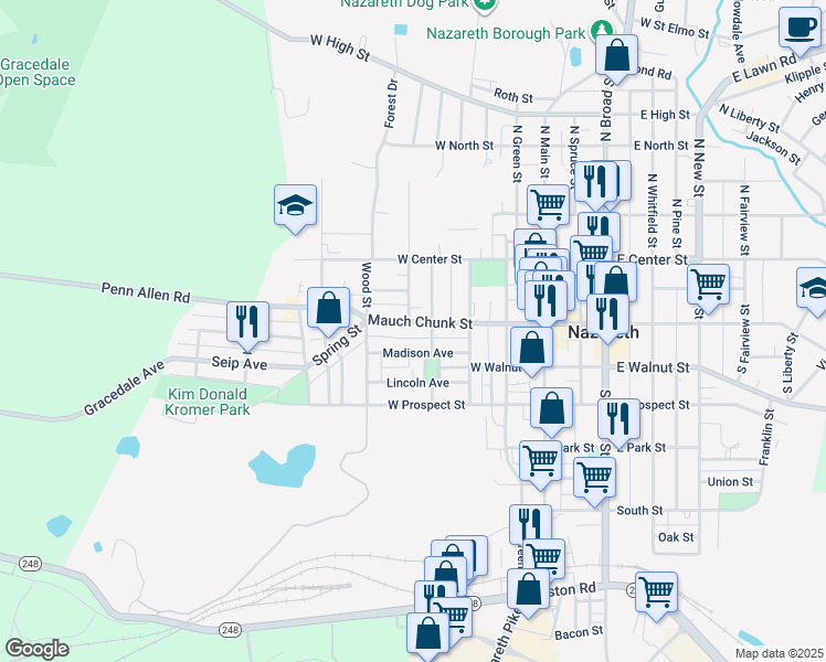 map of restaurants, bars, coffee shops, grocery stores, and more near 317 Mauch Chunk Street in Nazareth