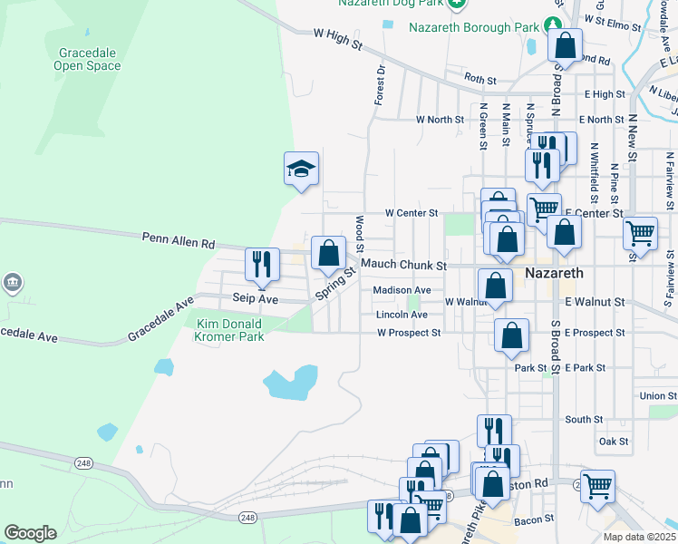 map of restaurants, bars, coffee shops, grocery stores, and more near 123 Spring Street in Nazareth