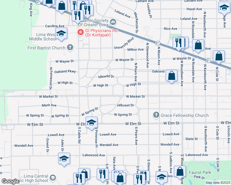 map of restaurants, bars, coffee shops, grocery stores, and more near 1918 West Market Street in Lima